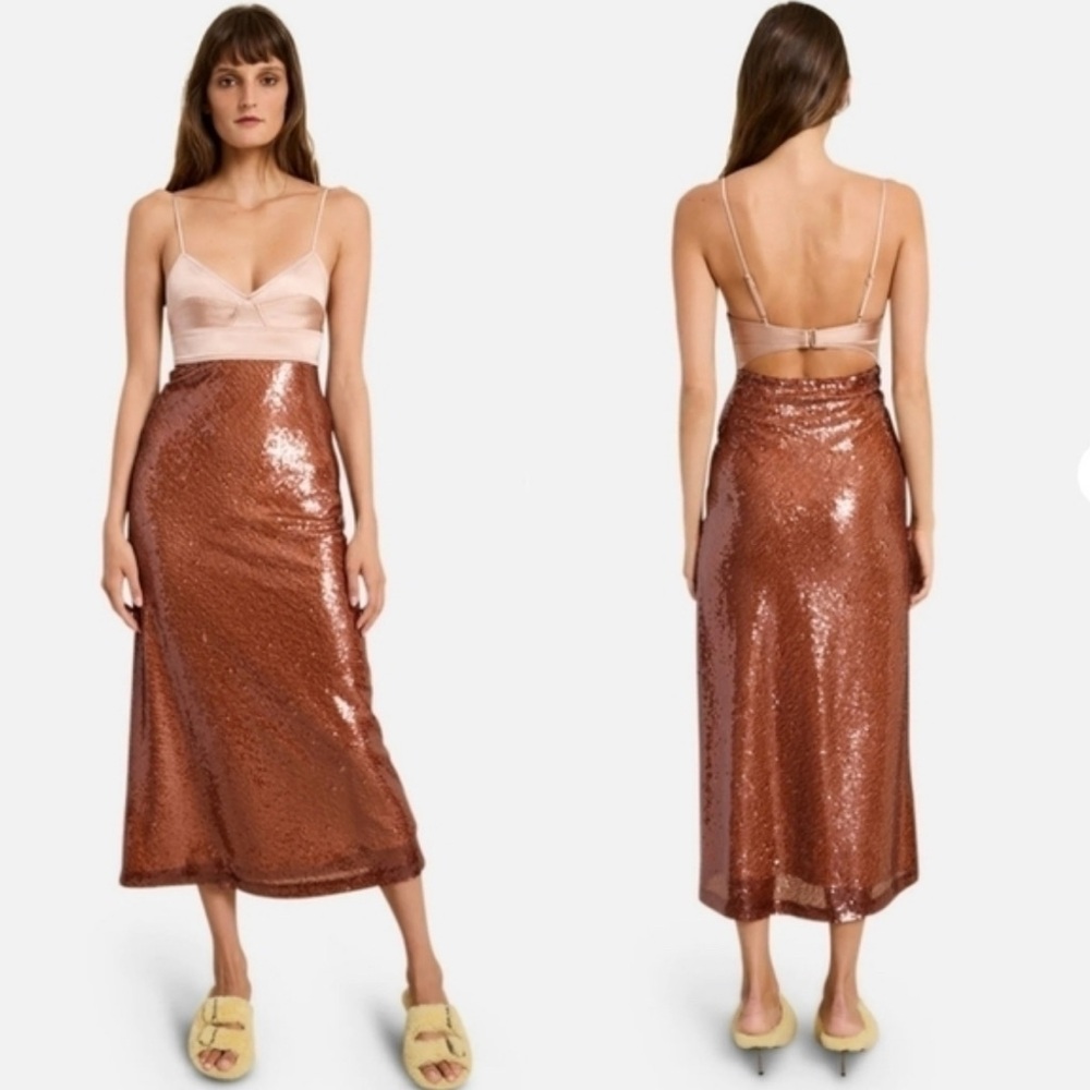 A.L.C. Gisele Midi Cocktail Dress Backless Bodice & Copper Sequin Skirt SIZE 4